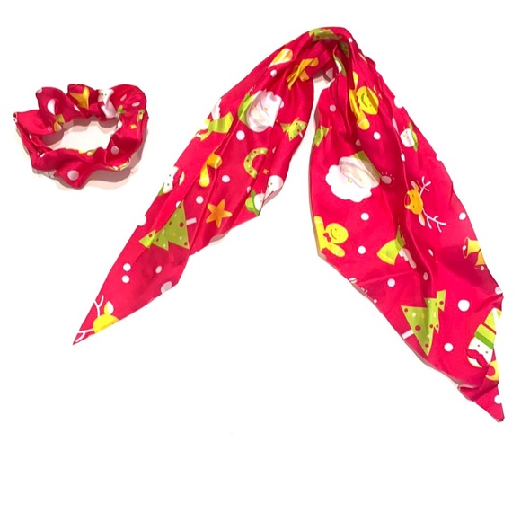 Christmas Holiday Scarf Scrunchie Ponytail Holder 2 in 1 Santa Tree - Picture 4 of 5